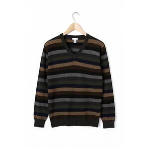 100% Merino Wool Men's Pullover Sweater Sz Large Long Sleeve V-Neck Stripe